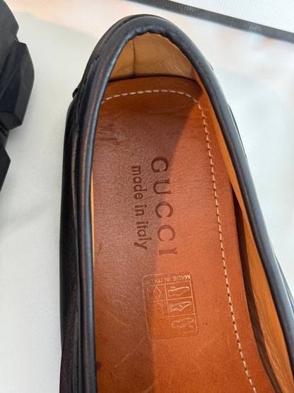 Pre-owned Authentic GUCCI Soft Clove Calfskin Web Mens Horsebit Driver Loafers