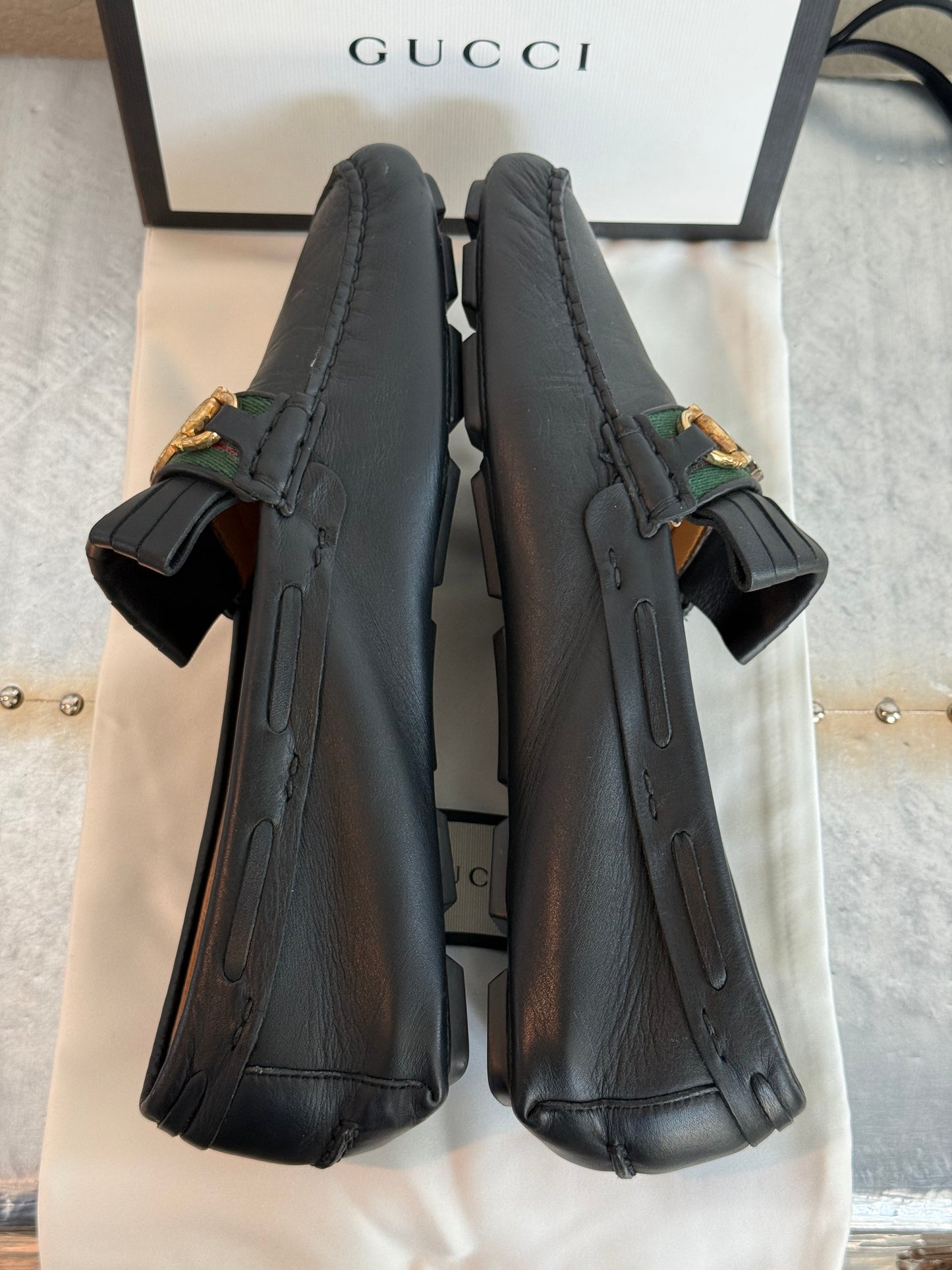 Pre-owned Authentic GUCCI Soft Clove Calfskin Web Mens Horsebit Driver Loafers