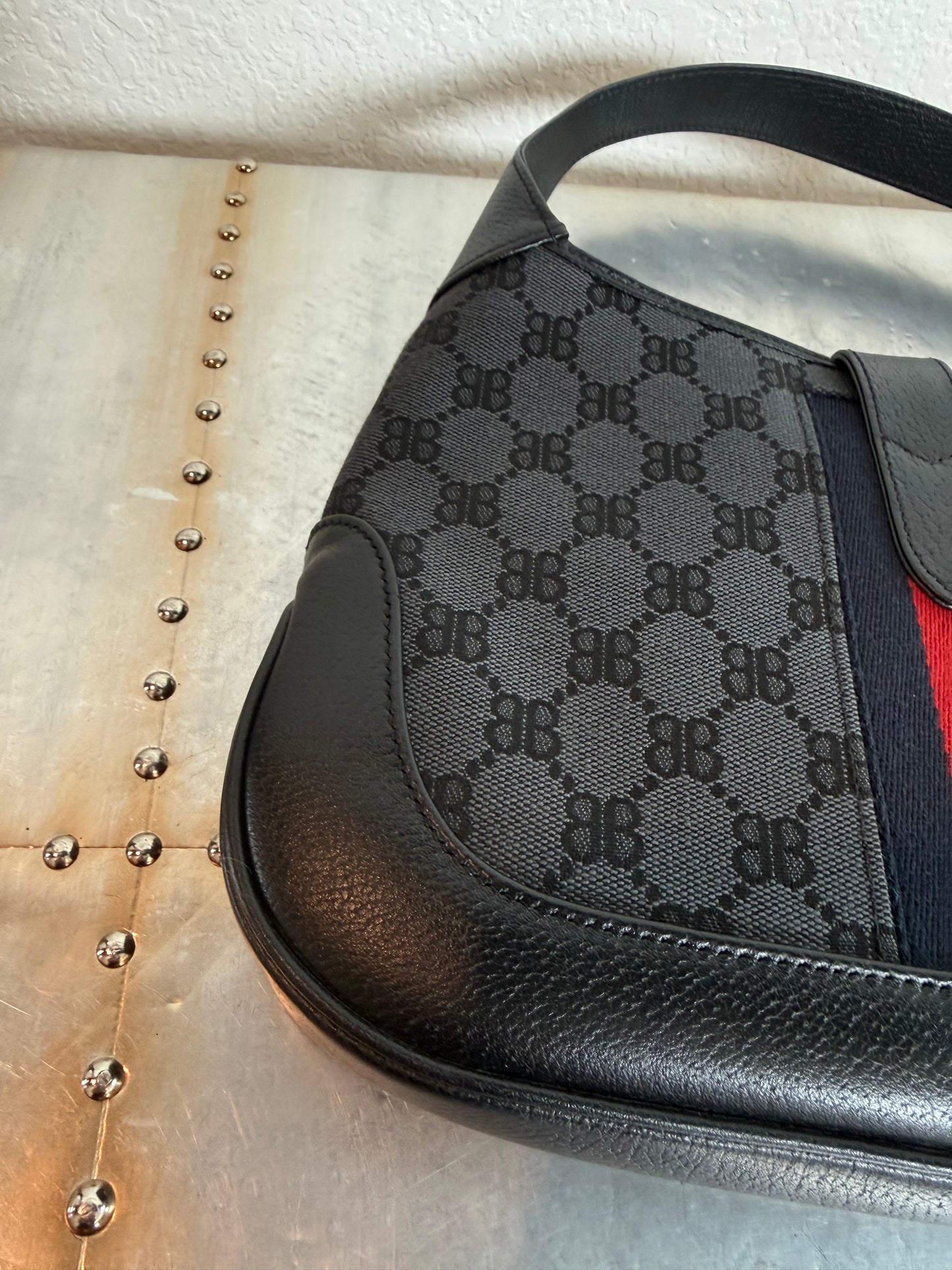Balenciaga X Gucci BB Monogram Calfskin Web Small Jackie 1961 Hobo Black Bag