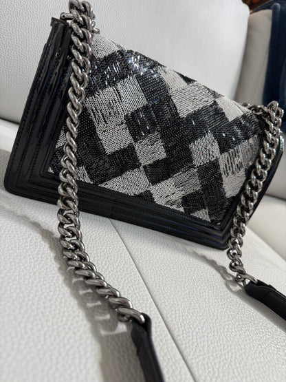 Pre-owned Authentic CHANEL Boy Medium Flap RARE Patent Sequin Shoulder Bag