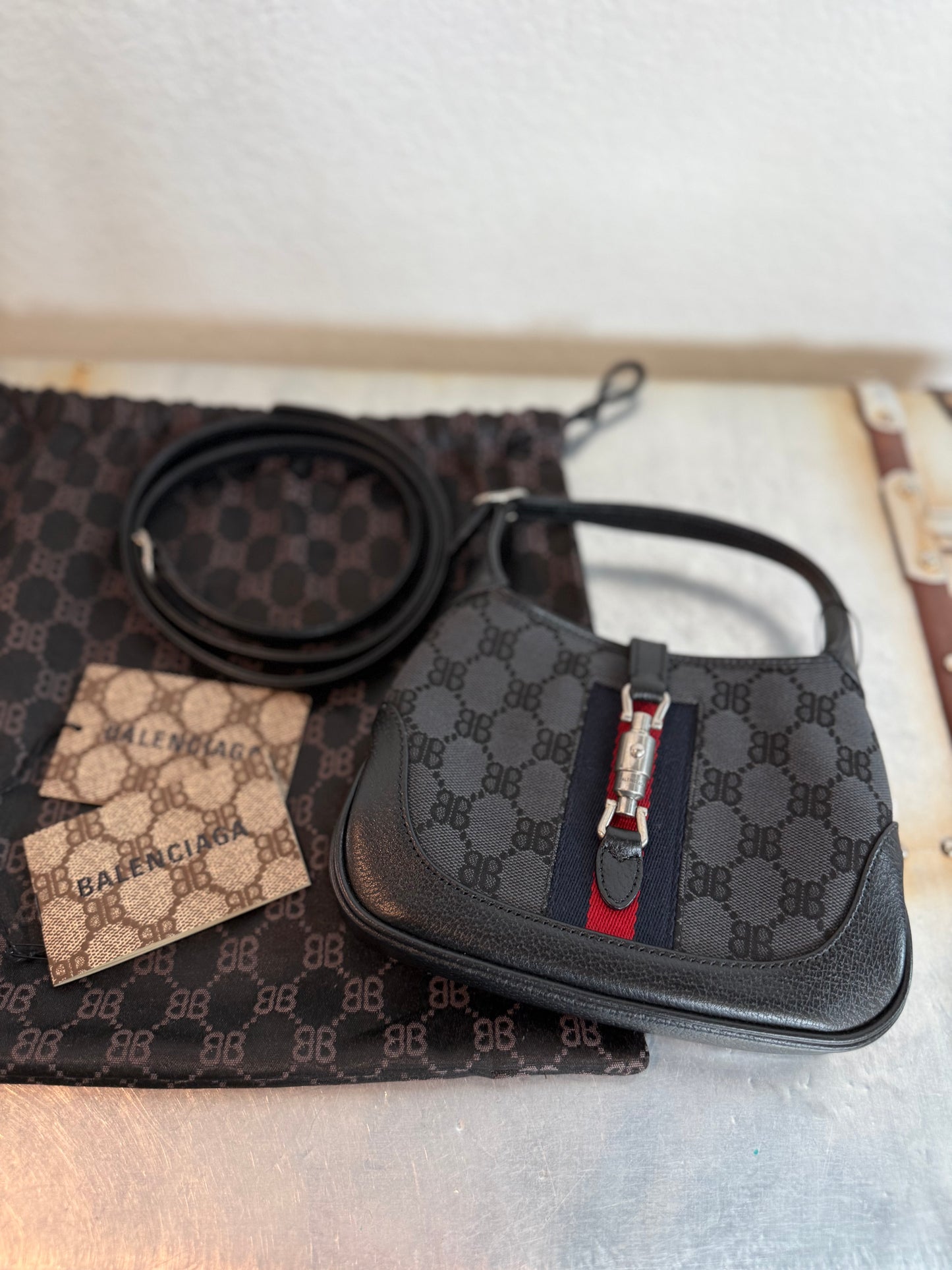 Balenciaga X Gucci 
 BB Monogram Calfskin Web Mini Jackie 1961 Hobo Black Bag