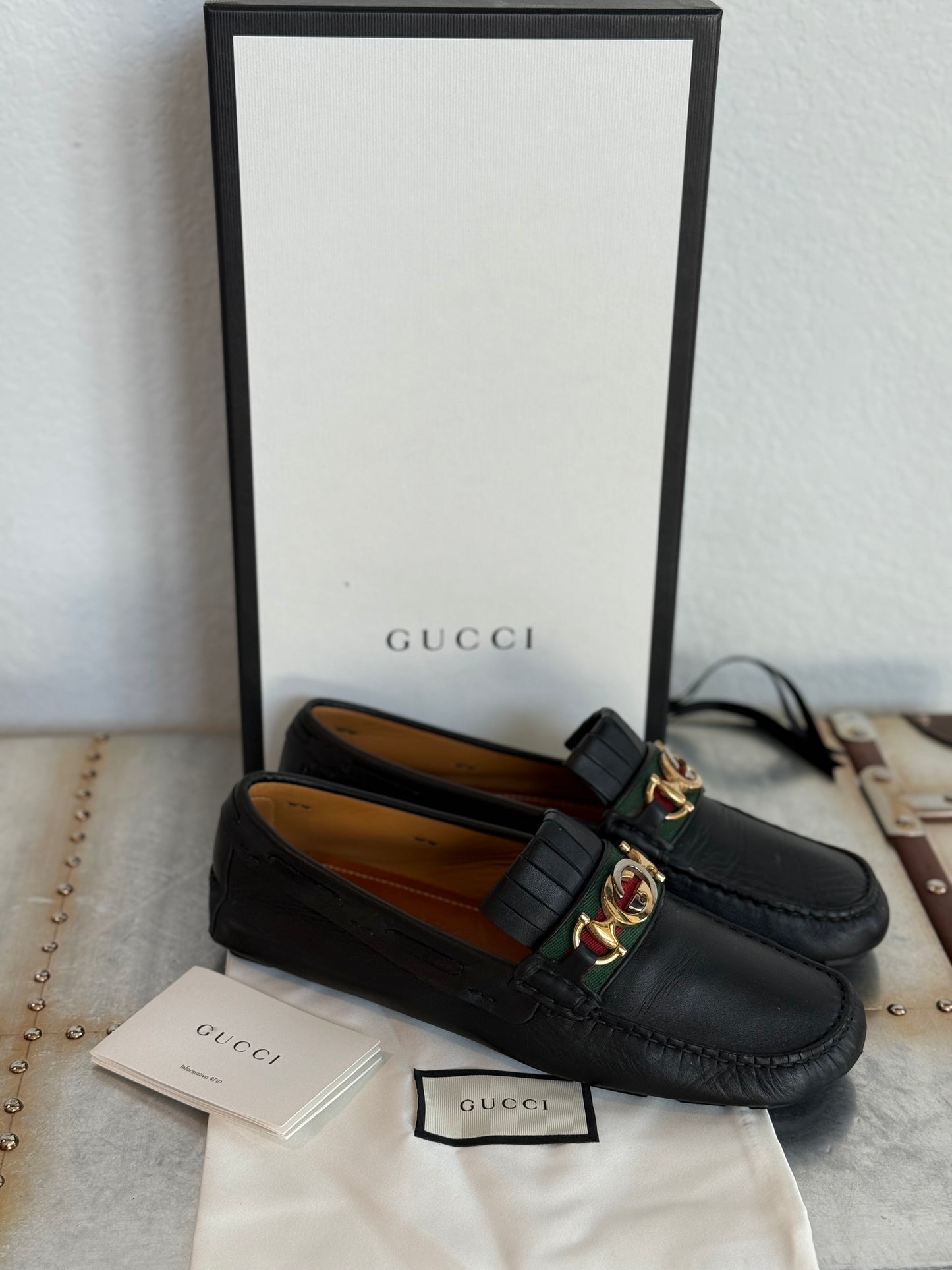 Pre-owned Authentic GUCCI Soft Clove Calfskin Web Mens Horsebit Driver Loafers