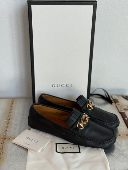 Pre-owned Authentic GUCCI Soft Clove Calfskin Web Mens Horsebit Driver Loafers