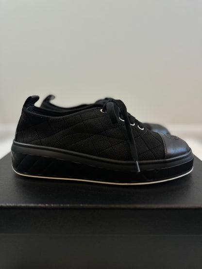 Pre-owned Authentic CHANEL Fabric Quilted Lambskin Cap Toe Lace Up Sneakers / Shoes