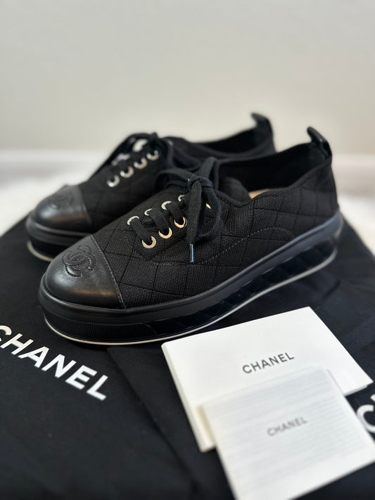 Pre-owned Authentic CHANEL Fabric Quilted Lambskin Cap Toe Lace Up Sneakers / Shoes