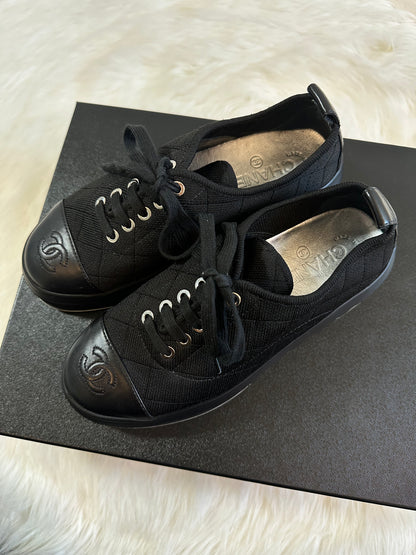 Pre-owned Authentic CHANEL Fabric Quilted Lambskin Cap Toe Lace Up Sneakers / Shoes