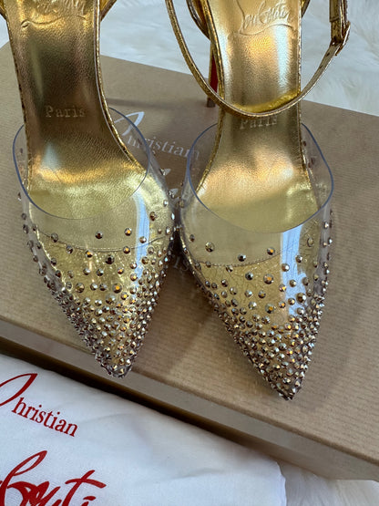 Pre-owned Authentic Christian Louboutin Spikaqueen Crystal Ankle-Strap Red Sole Pumps Shoes / Heels