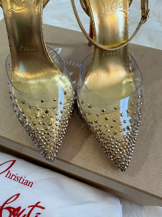 Pre-owned Authentic Christian Louboutin Spikaqueen Crystal Ankle-Strap Red Sole Pumps Shoes / Heels