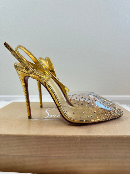 Pre-owned Authentic Christian Louboutin Spikaqueen Crystal Ankle-Strap Red Sole Pumps Shoes / Heels