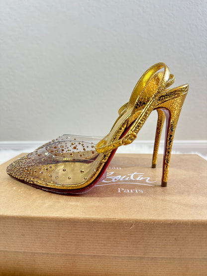 Pre-owned Authentic Christian Louboutin Spikaqueen Crystal Ankle-Strap Red Sole Pumps Shoes / Heels