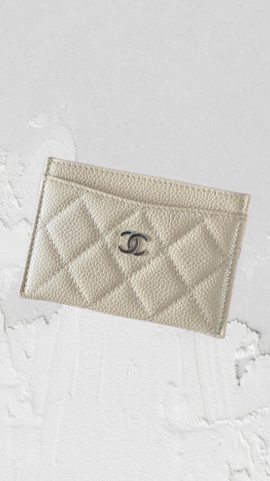 Authentic CHANEL Beige Caviar Quilted Card Holder / Wallet