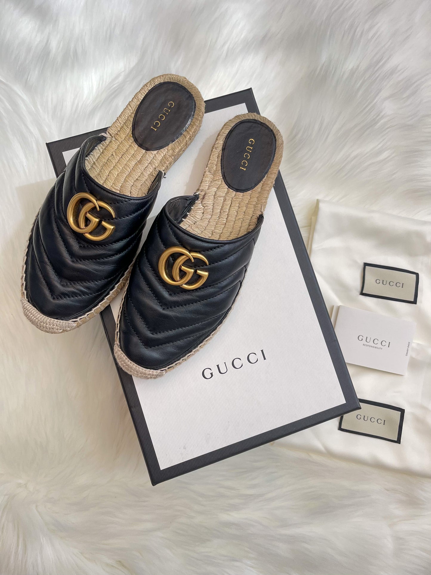 Pre-owned Gucci Black Marmont Leather Espadrille Mules with Double G Womens Slip-on Flats