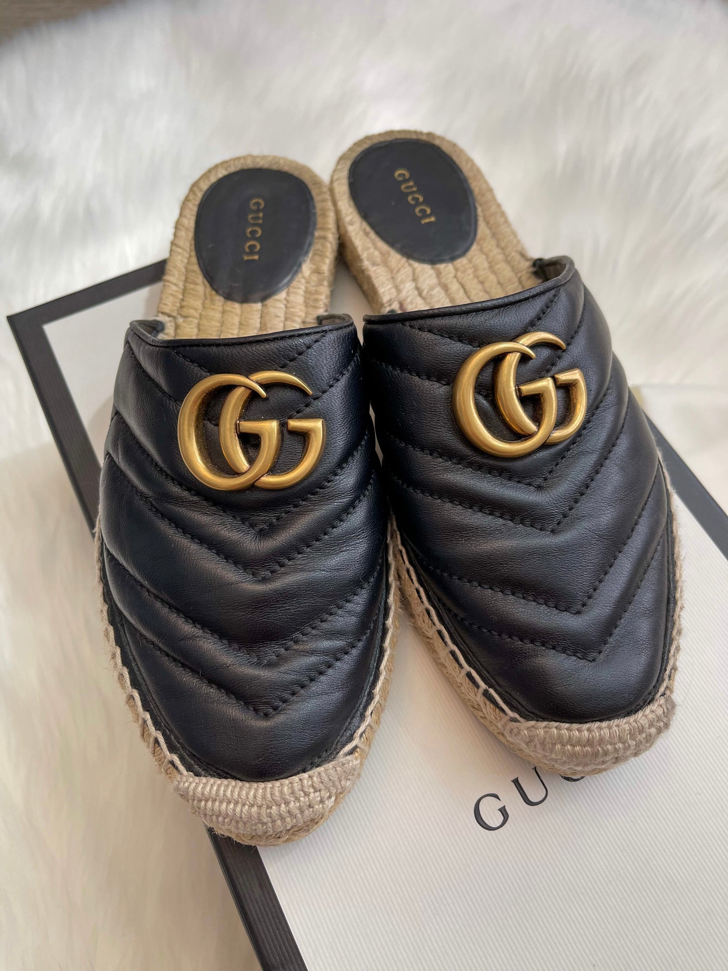 Pre-owned Gucci Black Marmont Leather Espadrille Mules with Double G Womens Slip-on Flats