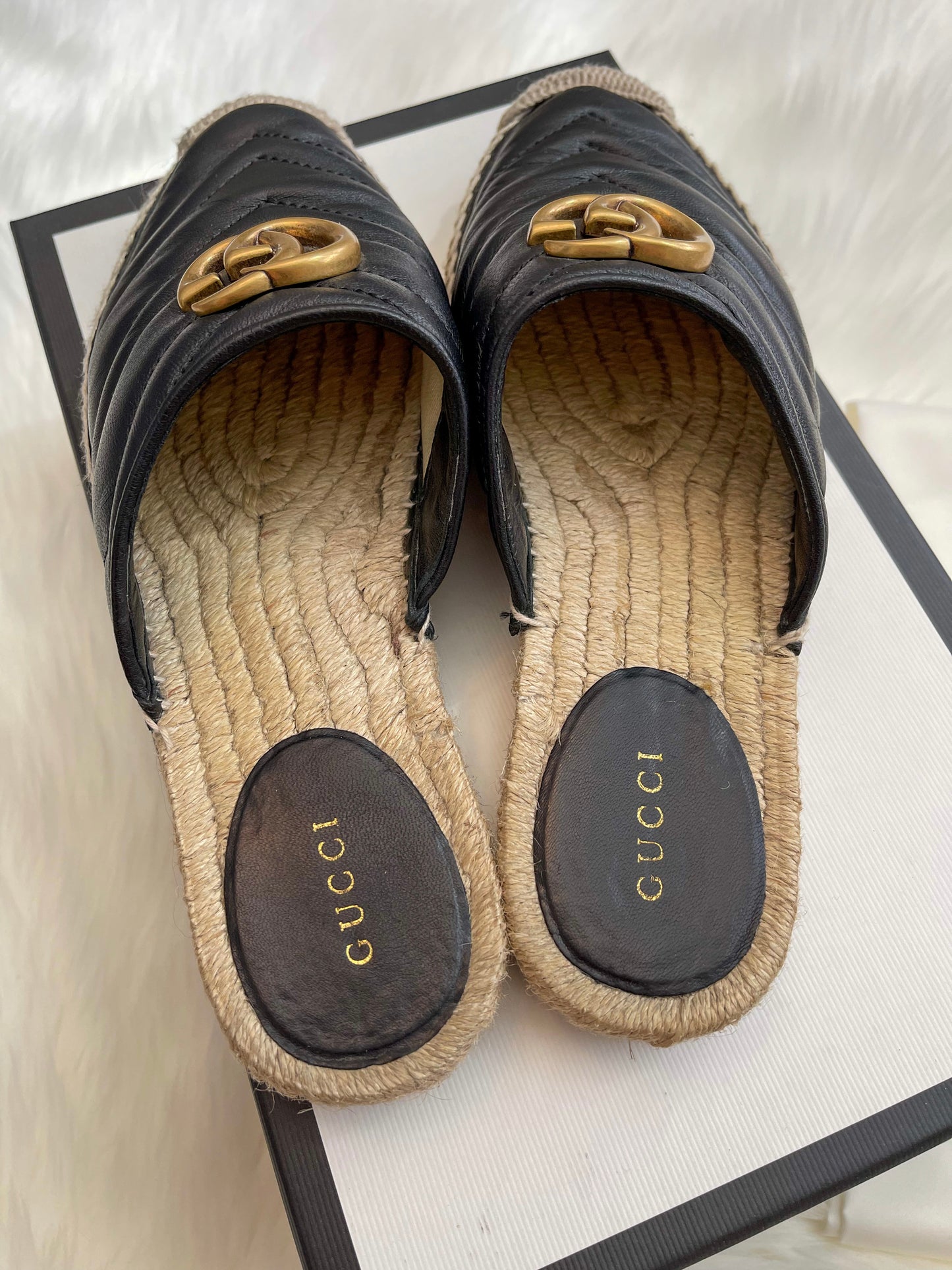 Pre-owned Gucci Black Marmont Leather Espadrille Mules with Double G Womens Slip-on Flats